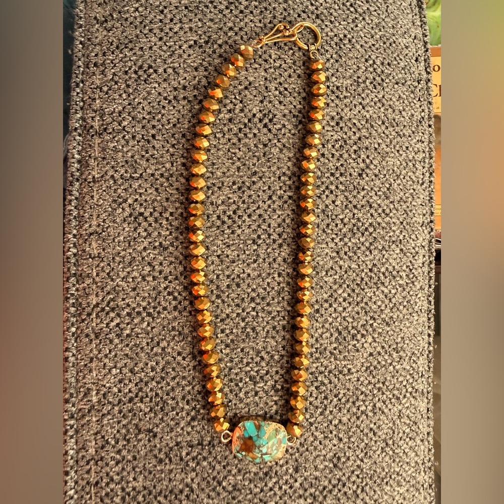 Golden Crystal and Faux Turquoise Beaded Necklace 16” - Picture 6 of 7